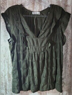 89th & Madison Olive Military Eyelet V-Neck Ruffle Blouse